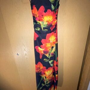 Zara Black Maxi Dress with Red-Orange Floral Print